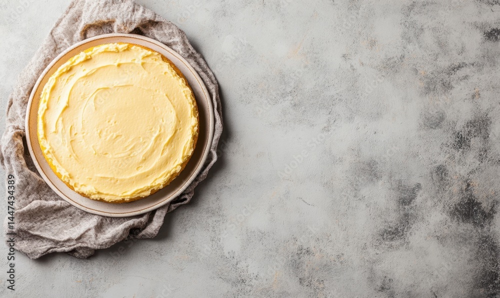 Creamy Yellow Cake with Smooth Frosting on Rustic Background Creamy Yellow Cake with Smooth Frosting on Rustic Background