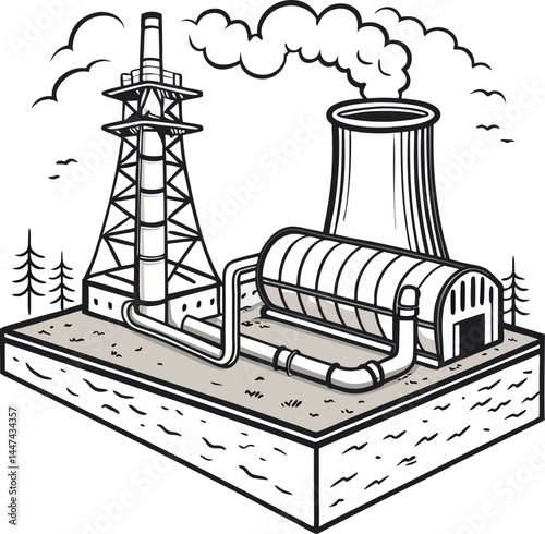 Isometric Geothermal Power Plant Illustration – Renewable Energy Concept on White Background