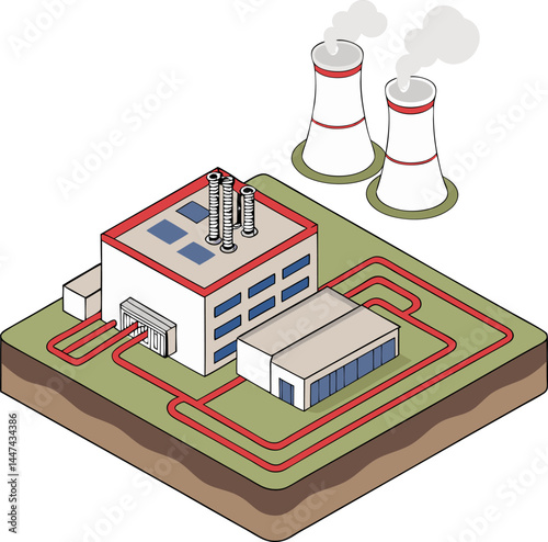 Isometric Geothermal Power Plant Illustration – Renewable Energy Concept on White Background