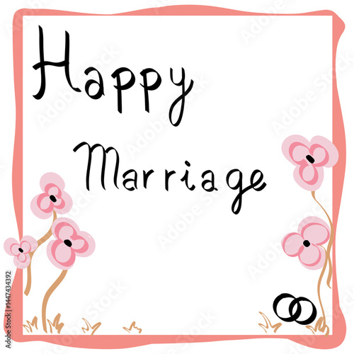 Pink floral frame surrounding delicate wedding rings, symbolizing romantic union and matrimonial commitment