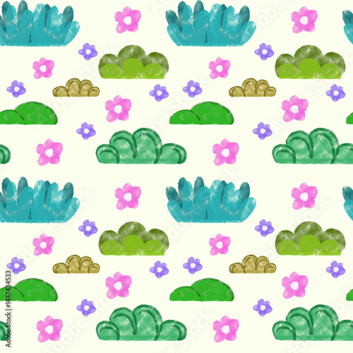 Seamless Pattern of Colorful Bushes and Flowers in Watercolor Style