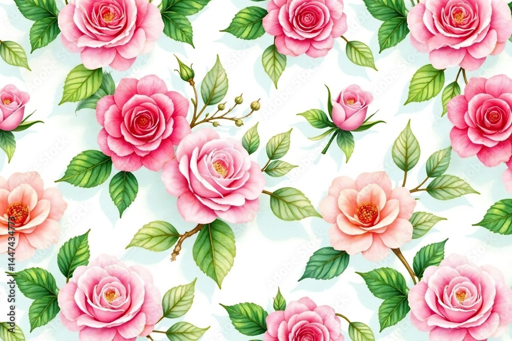 Delicate watercolor roses, lush leaves, seamless repeat, textile, seamless, surface