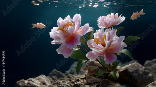 Obraz na płótnie A pink flower is in the water with a fish w salonie