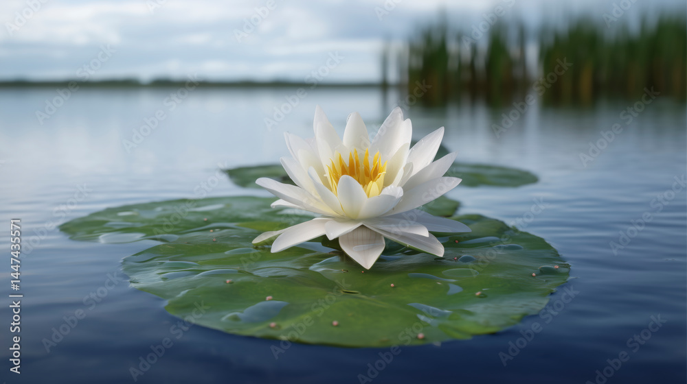 A white flower is floating on a pond