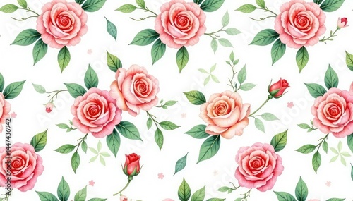 Delicate watercolor roses, lush leaves, seamless repeat, flowery, repeating, red