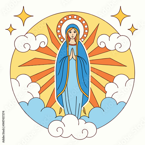 Celestial Madonna: A vibrant, artful depiction of the Virgin Mary radiates with divine light, set against a backdrop of serene clouds and celestial stars.