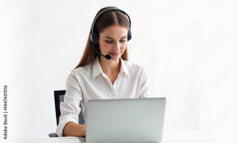 Businesswoman using headset & laptop - Remote work Businesswoman using headset & laptop - Remote work