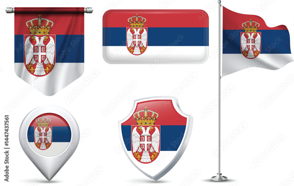 Set of Serbian Flags in Different Shapes and Styles Set of Serbian Flags in Different Shapes and Styles