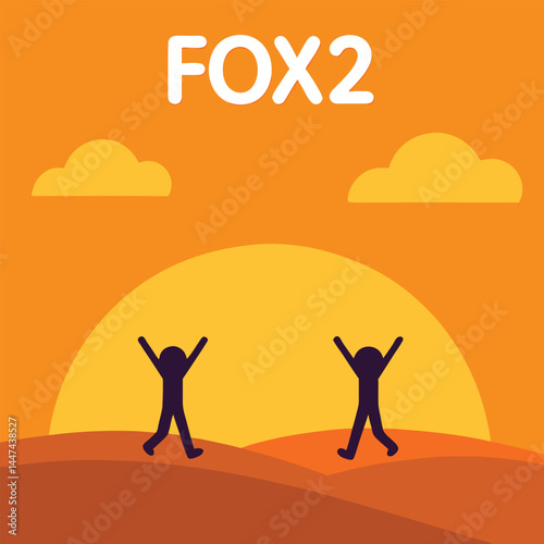 Sunset Celebration: Two figures joyfully celebrate against a vibrant sunset backdrop.