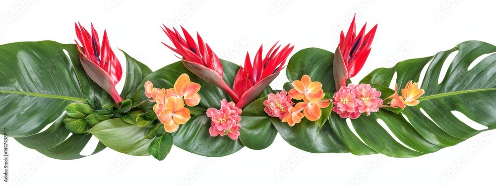 Fototapeta premium Red Ginger flowers and bird of paradise flowers with tropical leaves in floral arrangement isolated on white background 