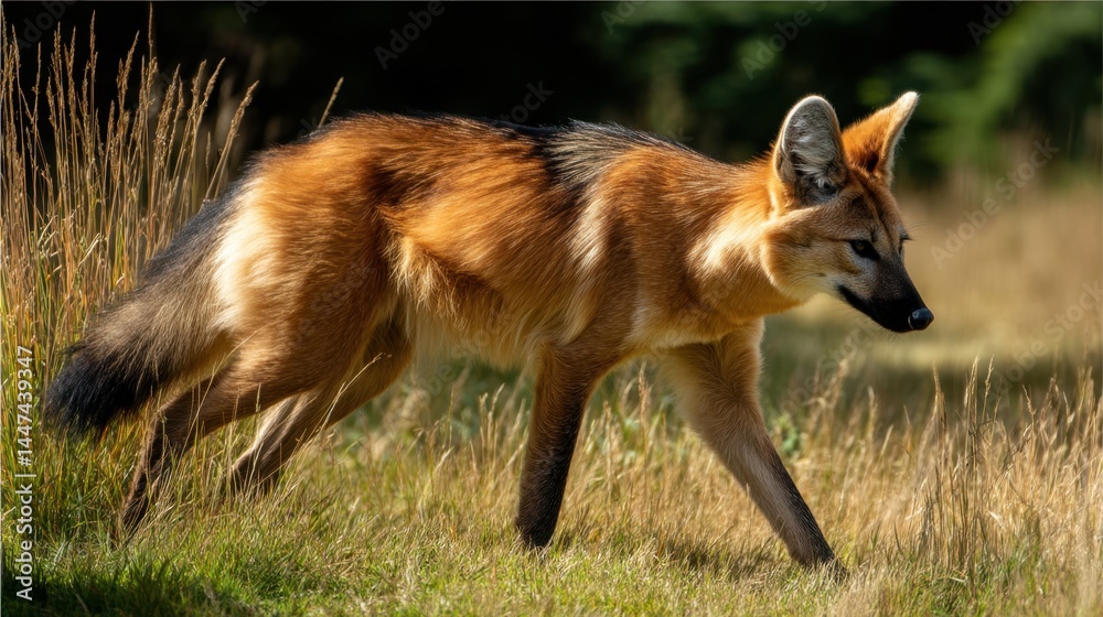 Fototapeta premium Maned Wolf Strolling Through Grassy Field