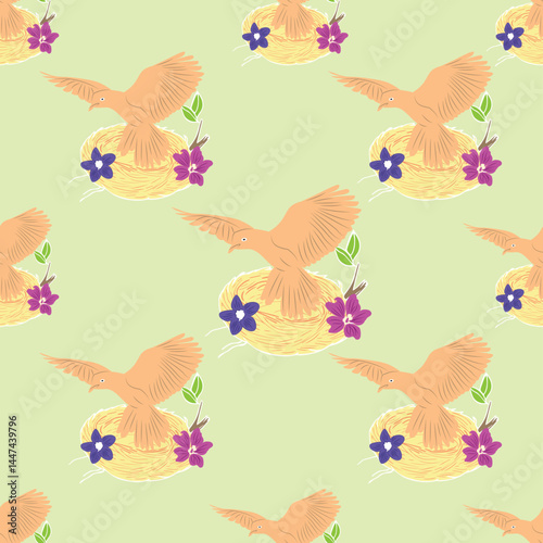 Grace takes flight in this serene pattern featuring soft-toned birds settling into golden nests, adorned with vibrant blossoms and fresh green leaves — a perfect pick for spring-inspired textiles.