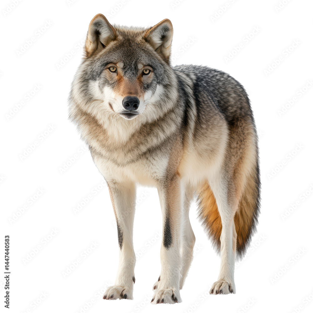 Wolf standing confidently against a plain background, showcasing its striking features and fur patterns Wolf standing confidently against a plain background, showcasing its striking features and fur patterns