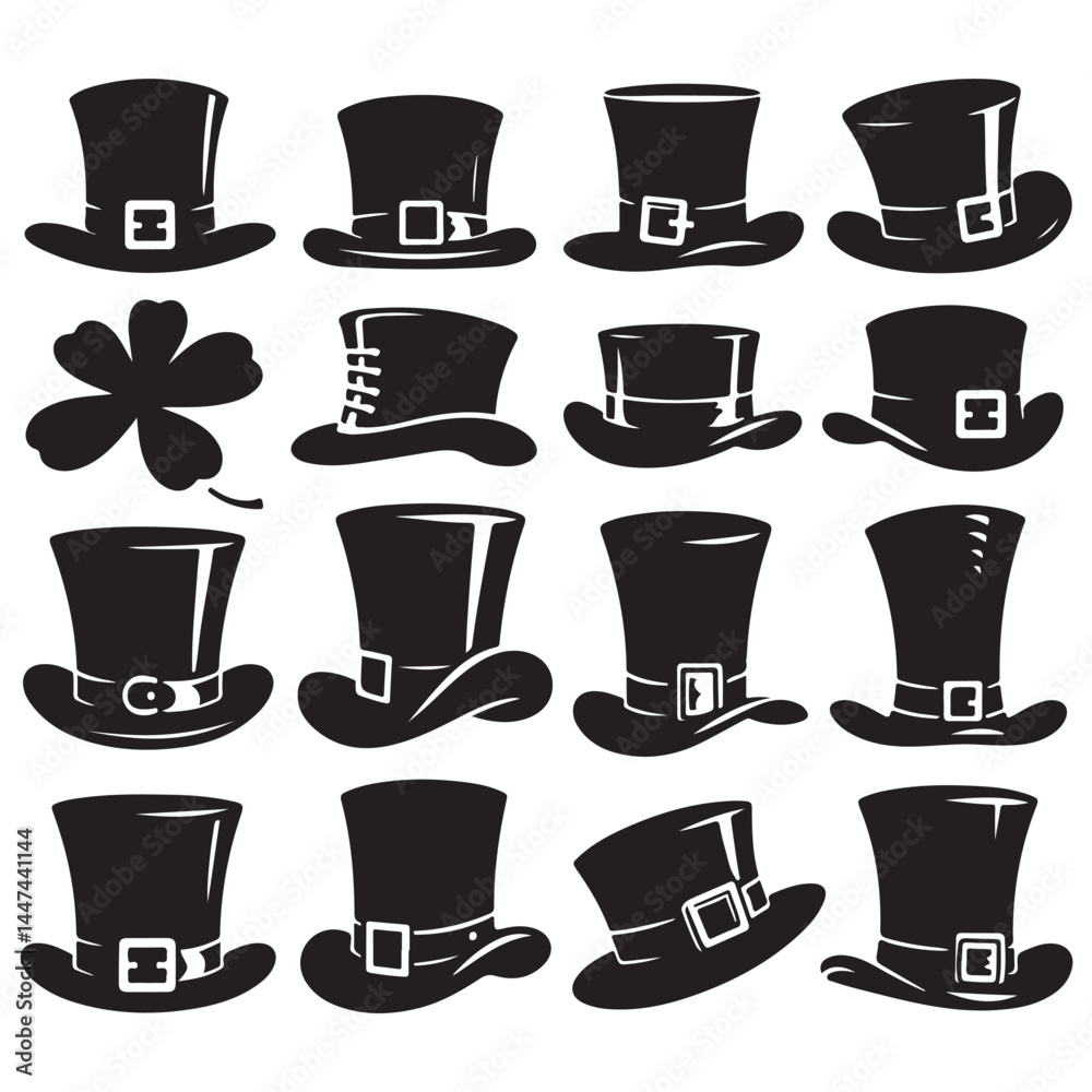 Leprechaun Hat Silhouette Set on White Background

