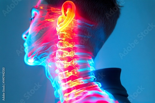 Health issue. Dark emotions. Healthcare need. Pain of disorder - upper back pain: abstract image of health condition. Metaphorical upper back pain perceptions of a ailment and suffering.