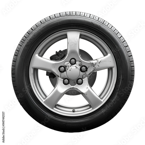 Damaged silver alloy wheel with black tire