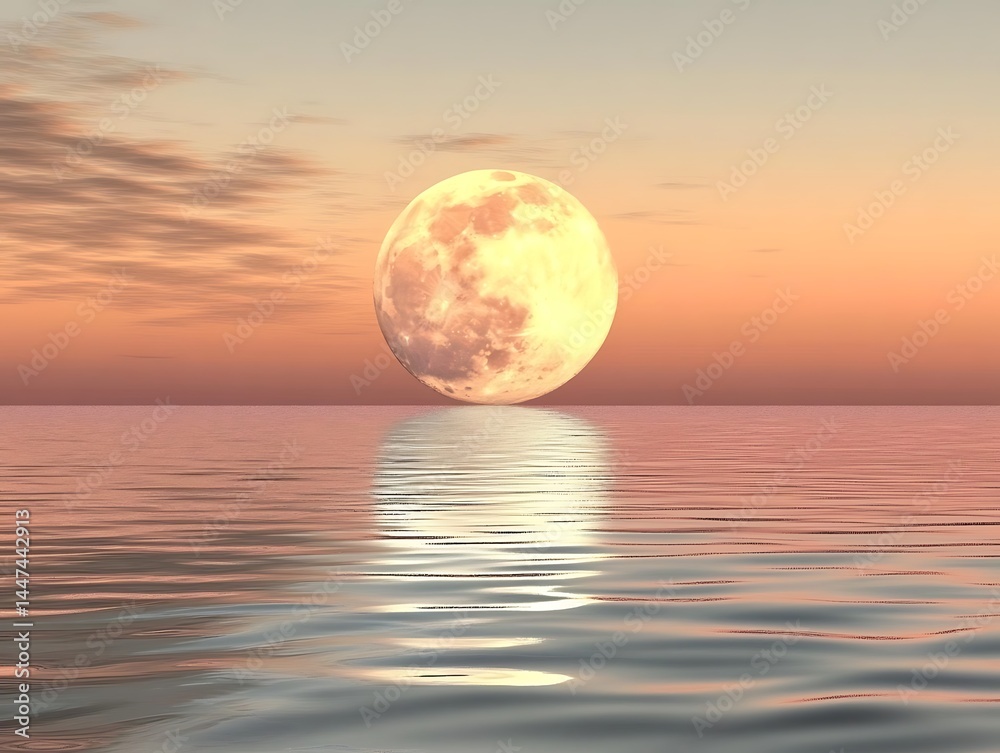 Fototapeta premium Majestic Full Moon Rising Over Calm Ocean Waves at Vibrant Sunset Sky