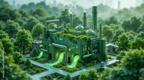 Model of green factory symbolizing green washing concept, AI generated