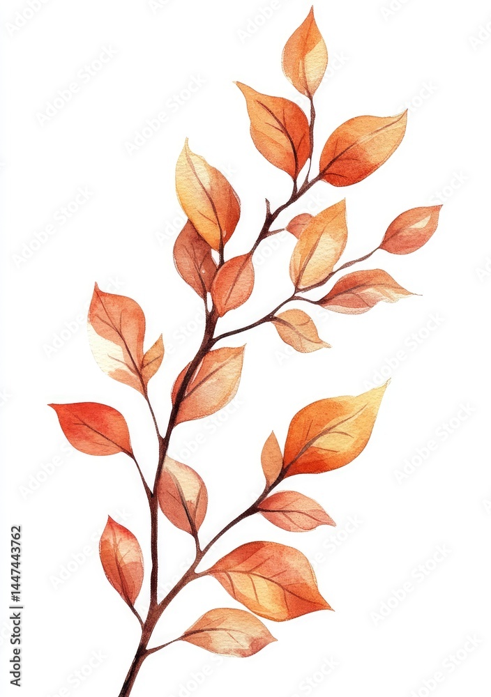 A delicate branch with autumn leaves, rendered in muted oranges and browns. The leaves are various sizes and shapes, appearing softly textured A delicate branch with autumn leaves, rendered in muted oranges and browns. The leaves are various sizes and shapes, appearing softly textured