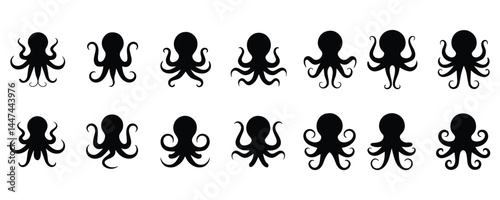 Octopus Silhouette. Silhouette Set of Octopus Icons with Variations on White Background.