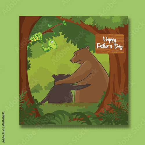 Happy Father's Day Greeting Card with Bear Father and Child at Forest Illustration.