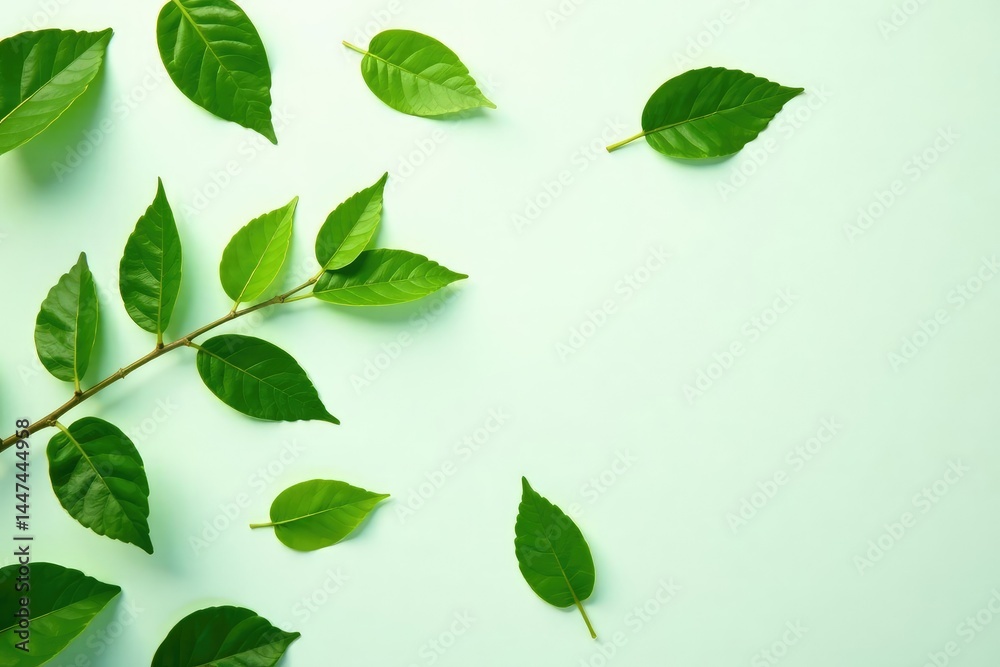 Leafy greens scattered on a pure white surface, with soft focus effects, white, simplicity, green Leafy greens scattered on a pure white surface, with soft focus effects, white, simplicity, green