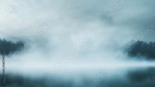 Misty morning landscape over a still lake.