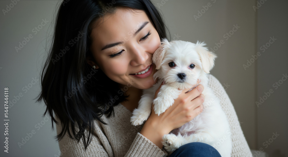 Asian woman holding white puppy close to face with loving smile against neutral background. Pet companionship concept for animal care and emotional support advertising Asian woman holding white puppy close to face with loving smile against neutral background. Pet companionship concept for animal care and emotional support advertising