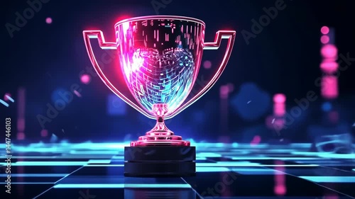 Futuristic neon trophy with dynamic light movements on digital grid background