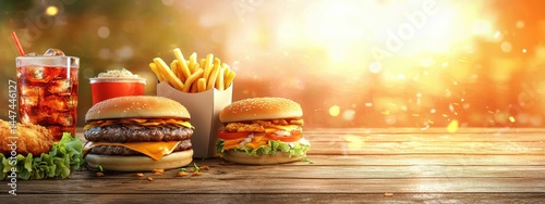 Fast food delivery menu background with various burgers, cheeseburger, nuggets, french fries, fizzy soda drinks. Junk unhealthy fast food, Ultra processed food with low nutrition, high calories value