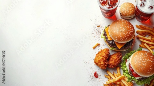 Fast food delivery menu background with various burgers, cheeseburger, nuggets, french fries, fizzy soda drinks. Junk unhealthy fast food, Ultra processed food with low nutrition, high calories value