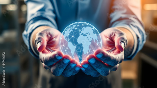 hands holding circle global network connection and data exchanges worldwide