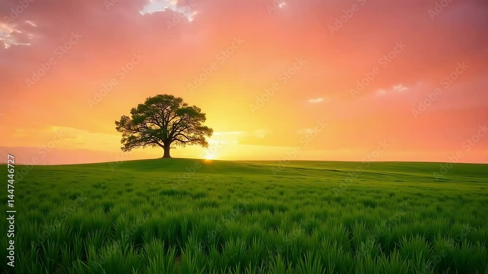 Serene Sunset Landscape with Majestic Oak Tree in Green Field Serene Sunset Landscape with Majestic Oak Tree in Green Field