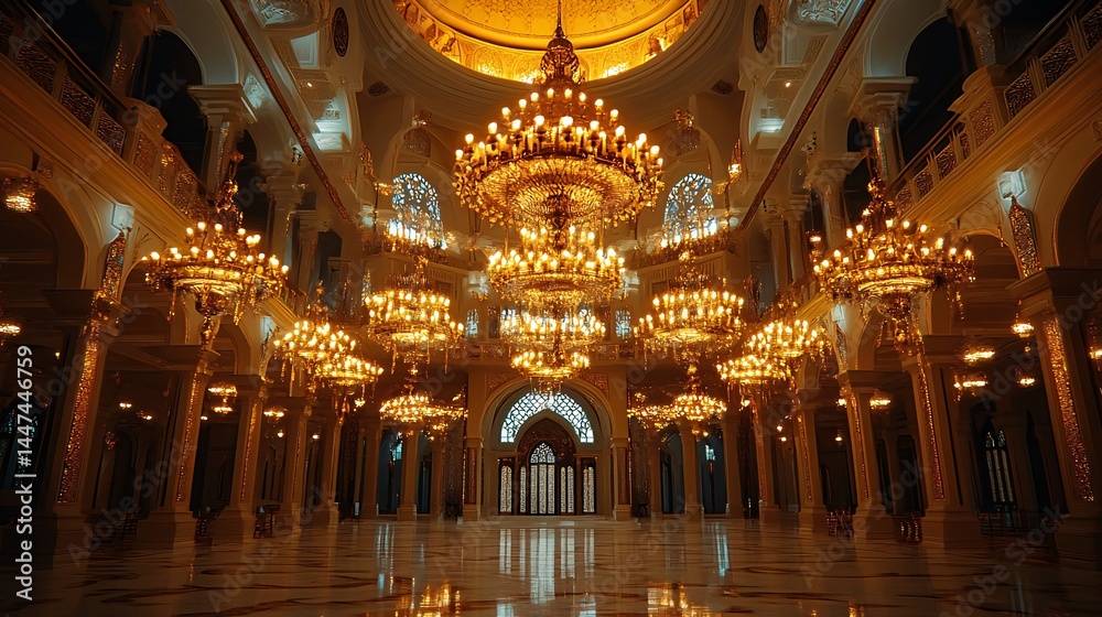 Obraz premium Grand hall, opulent chandeliers, palace interior, marble floor, golden architecture, event backdrop