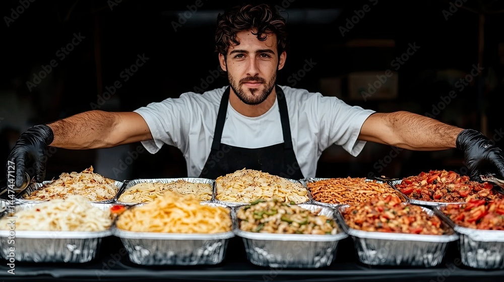 Chef presents food. Various dishes in foil containers sit atop table Chef presents food. Various dishes in foil containers sit atop table