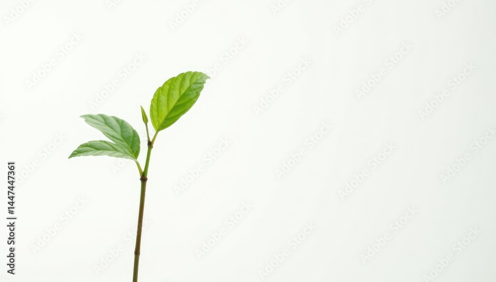 Fototapeta premium Single, delicate sapling against pure white backdrop , white background, treetop, color