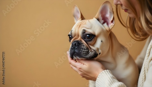 cropped view of woman touching french bulldog on beige background