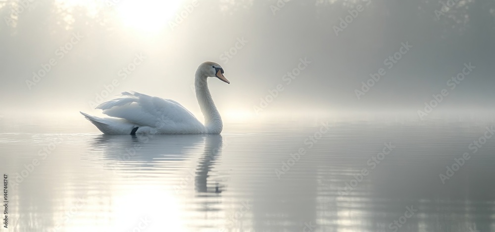 Fototapeta premium Serene Swan at Dawn: A Misty Lake Reflection