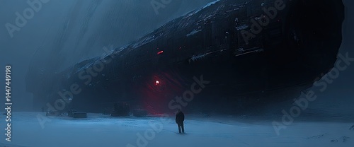A lone figure stands before a colossal, snow-covered, derelict spaceship in a cold, desolate landscape