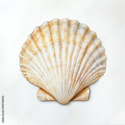 Detailed close-up of a scallop shell, light beige and tan, smooth, symmetrical, with distinct radiating ribs