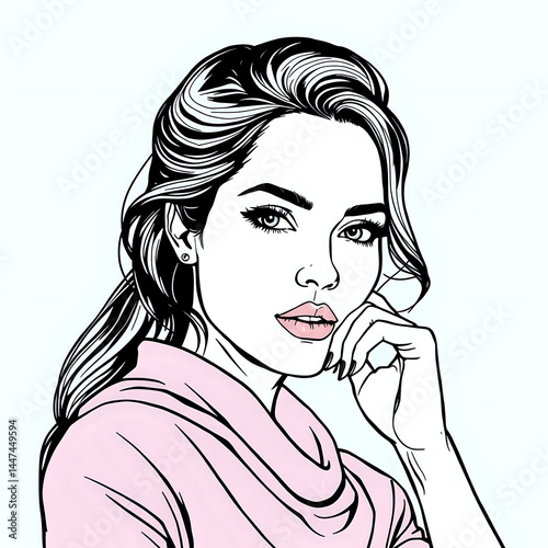 Close up portrait of beautiful woman in black and white line drawing. pink clothes