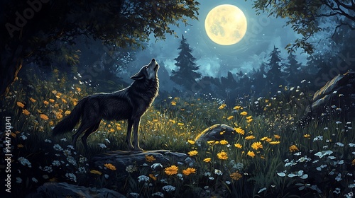 Wolf howling at the moon in a wildflower meadow