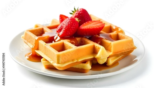 viennese waffles with strawberry and sweet syrup isolated on white background