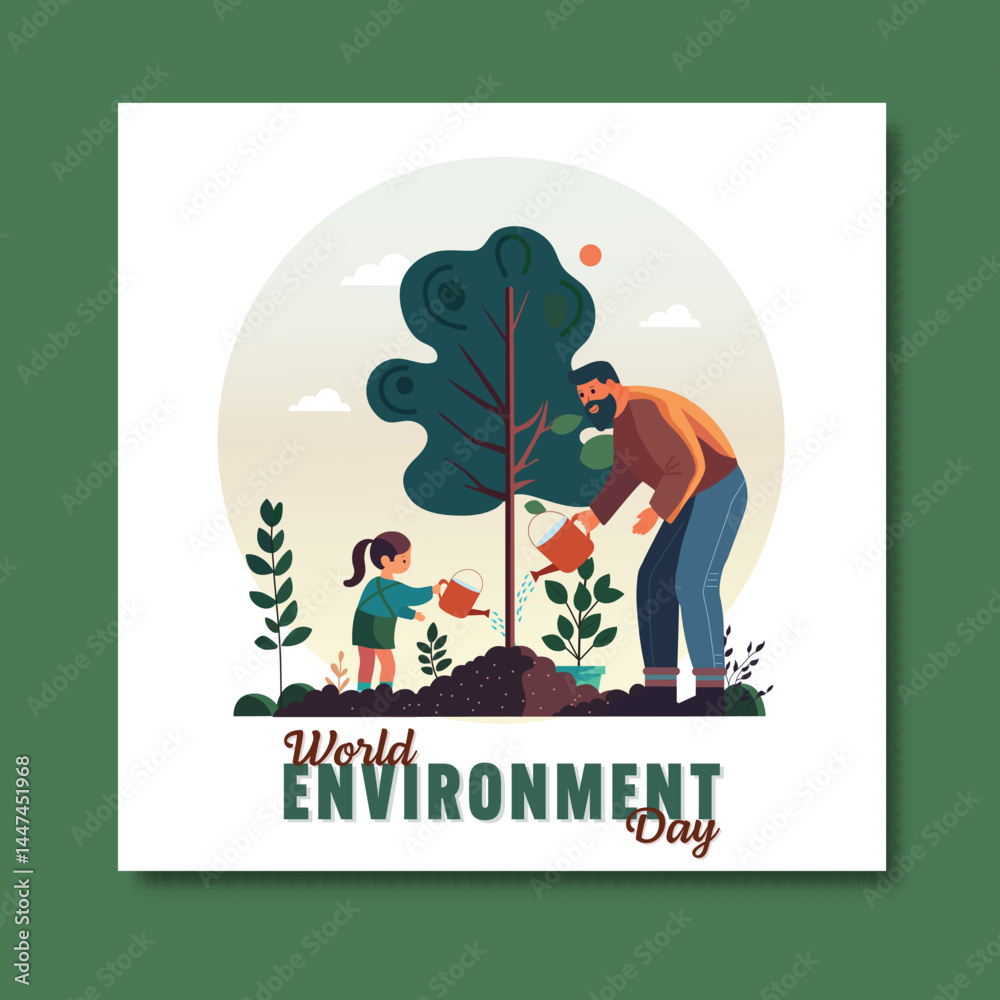 Obraz premium World Environment Day Post with a Father and Daughter Together Watering on Plant for Healthy Life or Save Future.