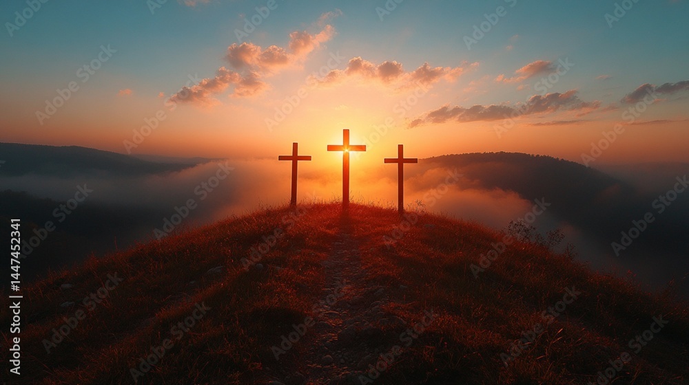 three silhouetted crosses in wind-blown meadow under glowing morning sky three silhouetted crosses in wind-blown meadow under glowing morning sky