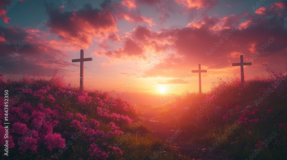 Obraz premium three silhouetted crosses in wind-blown meadow under glowing morning sky 