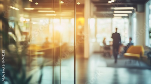 Modern office interior blurred background business people working space team gold warm glass light