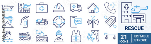 Rescue web line icon set. Includes ambu bag ,barrier, fire hydrant, first aid, flashlight, ladder, and More. Outline icons vector collection.