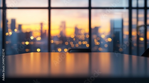 Fototapeta Naklejka Na Ścianę i Meble -  Modern office desk view stunning city sunset lights blurred background hour room urban table night