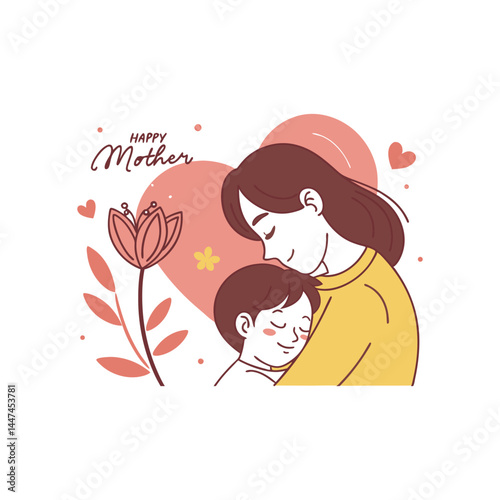 Mother hugging child, heart, flower, greeting card vector